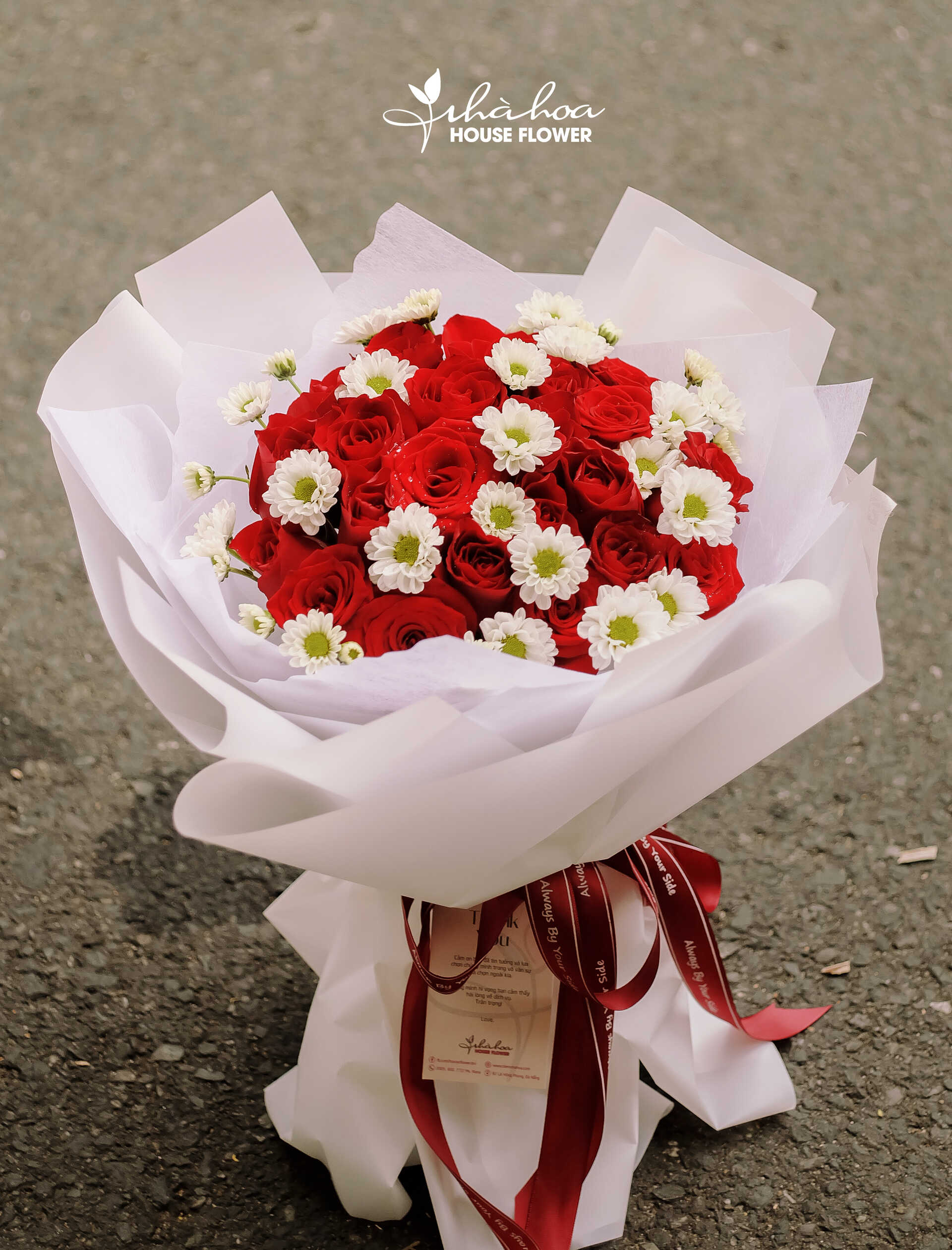 BÓ HOA HỒNG ĐỎ MIX CÚC ROSI TRẮNG - BH71