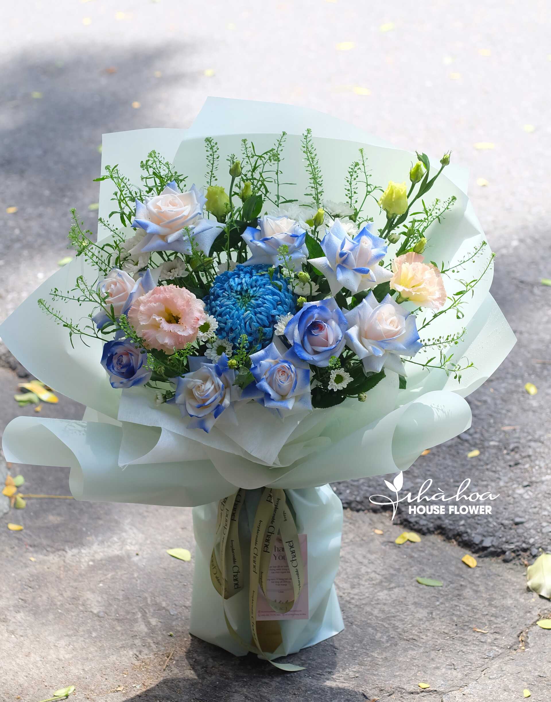 BÓ HOA HỒNG TONE XANH MIX CÚC MẪU ĐƠN - BH57