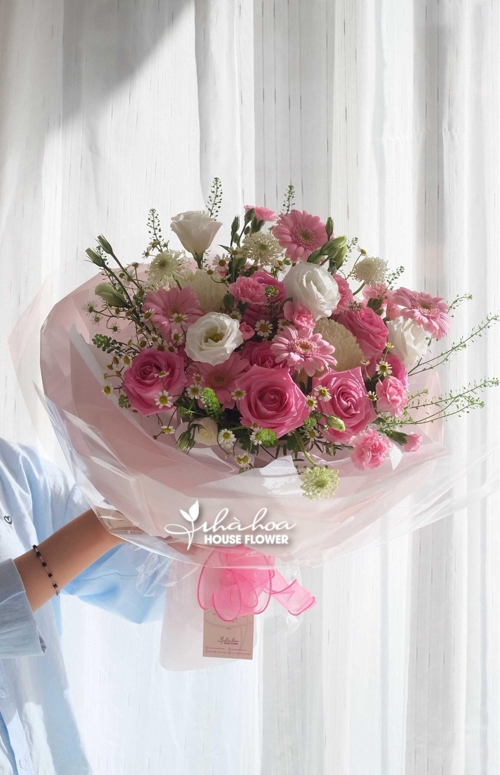 BÓ HOA HỒNG TRẮNG , SEN ĐẠI MIX ĐỒNG TIỀN, CÁT TƯỜNG_BH80